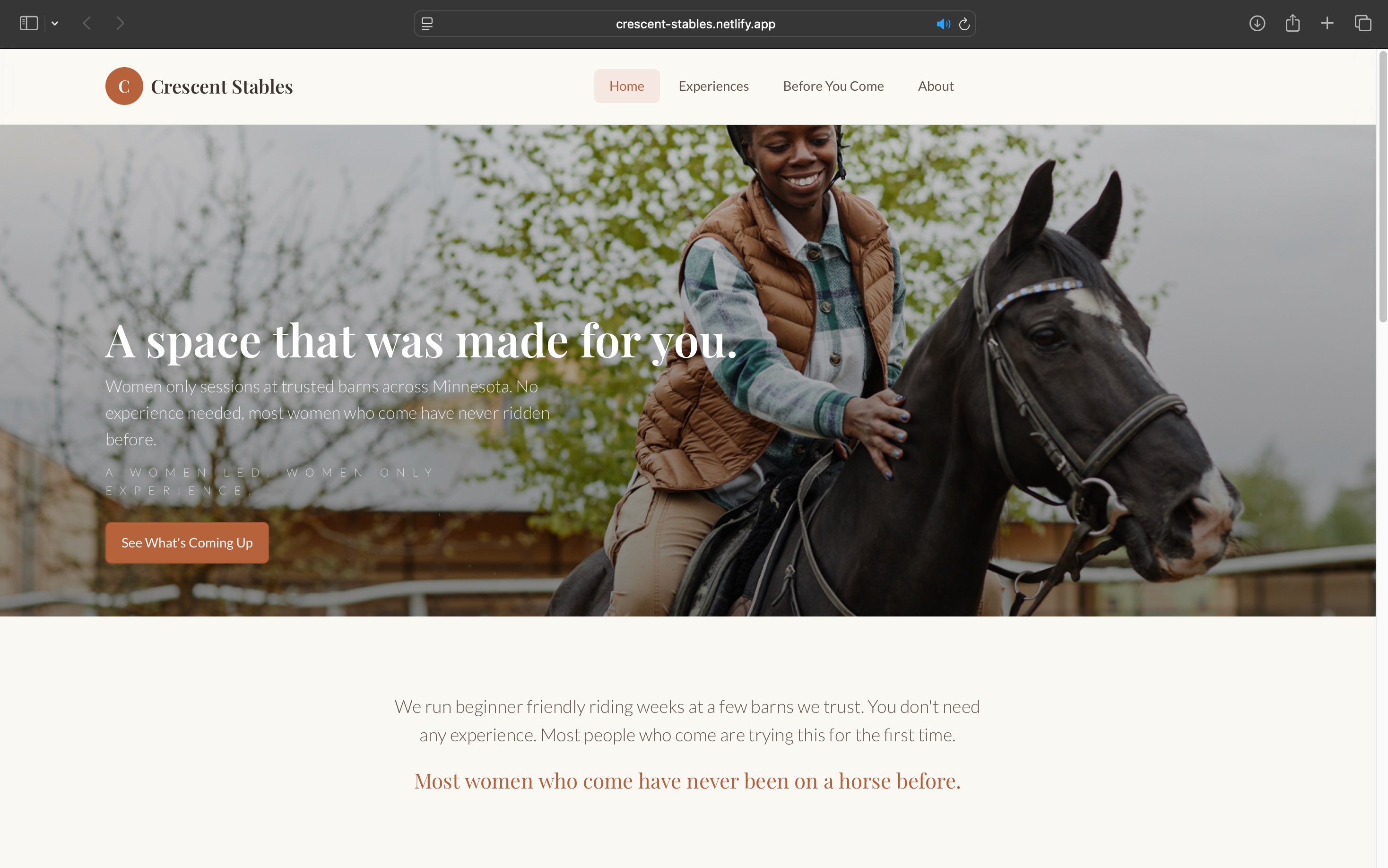 Redesigned Crescent Stables homepage showing warm cream and terracotta design