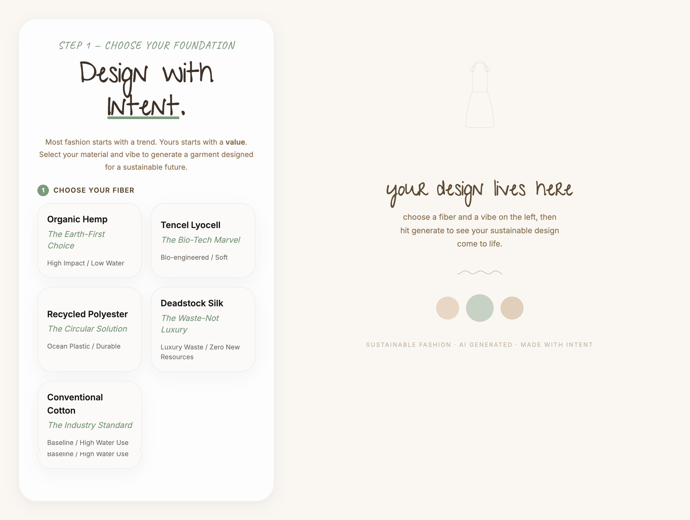 Sustainable Fashion Generator app interface showing fiber selection and outfit output panels