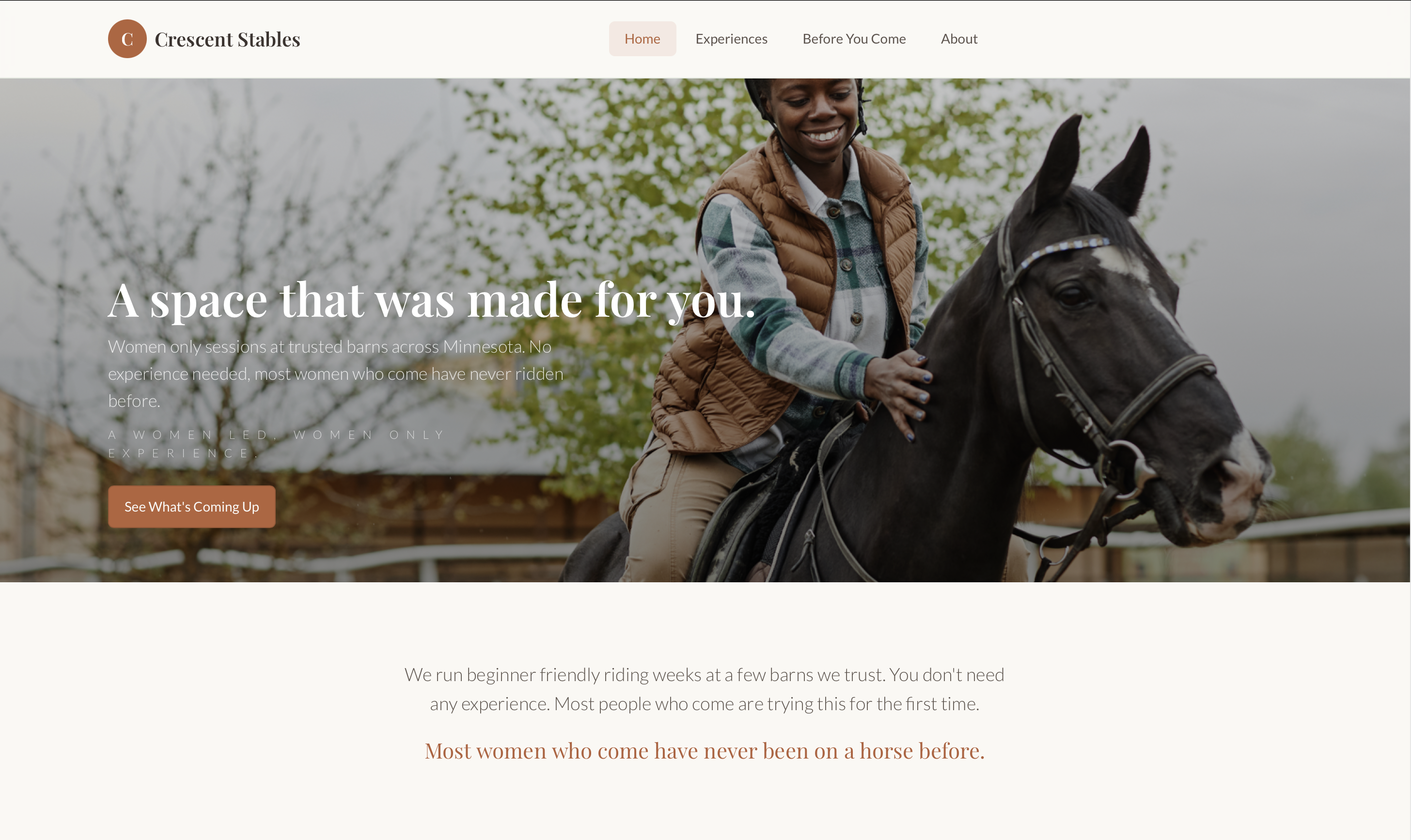 Redesigned Crescent Stables homepage — warm cream and terracotta palette