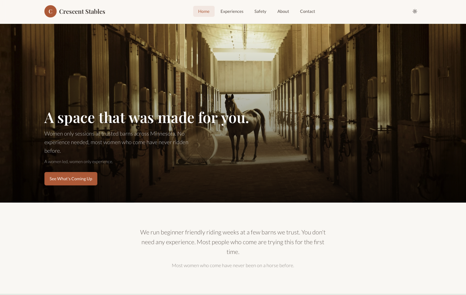 Original Crescent Stables homepage — dark navy and gold palette