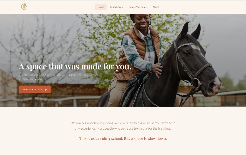 Redesigned Crescent Stables homepage — warm cream and terracotta palette