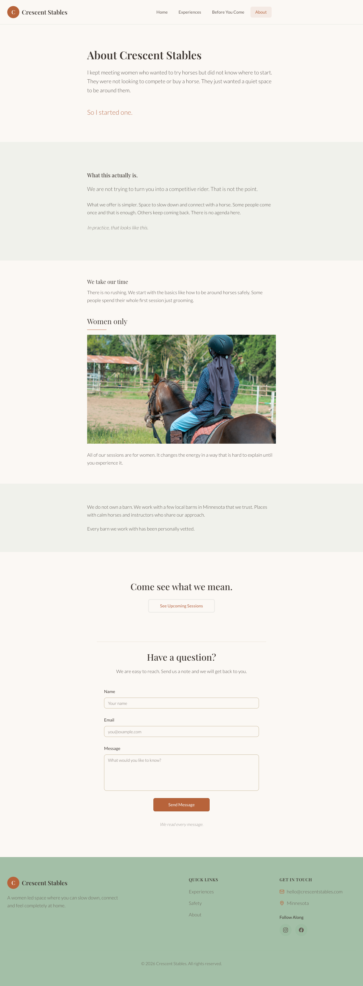About page with founder story and contact form