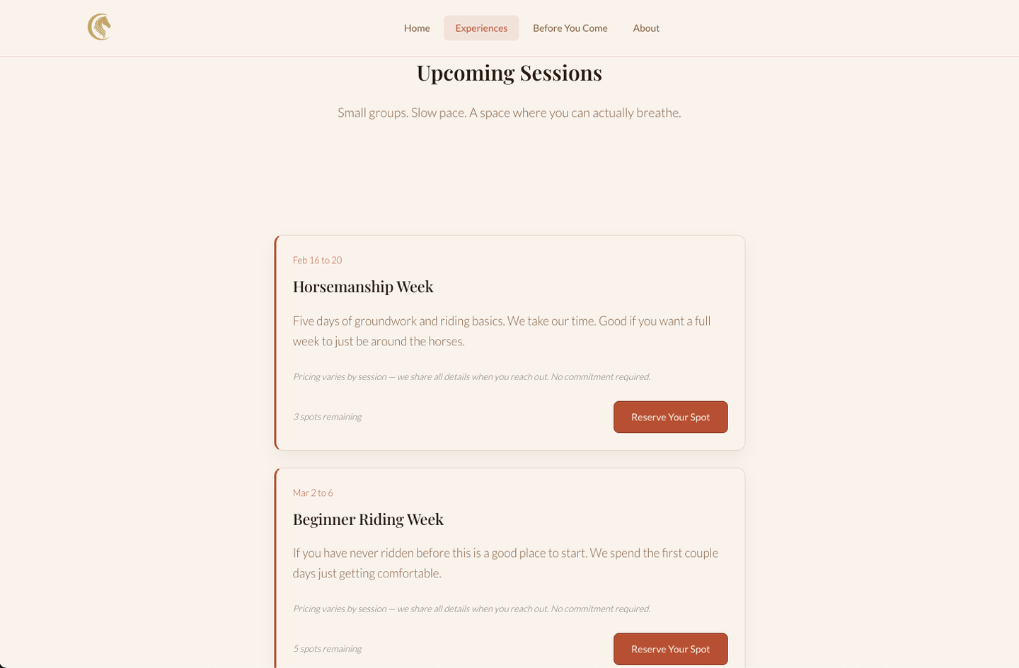 Experiences page session cards and spots remaining