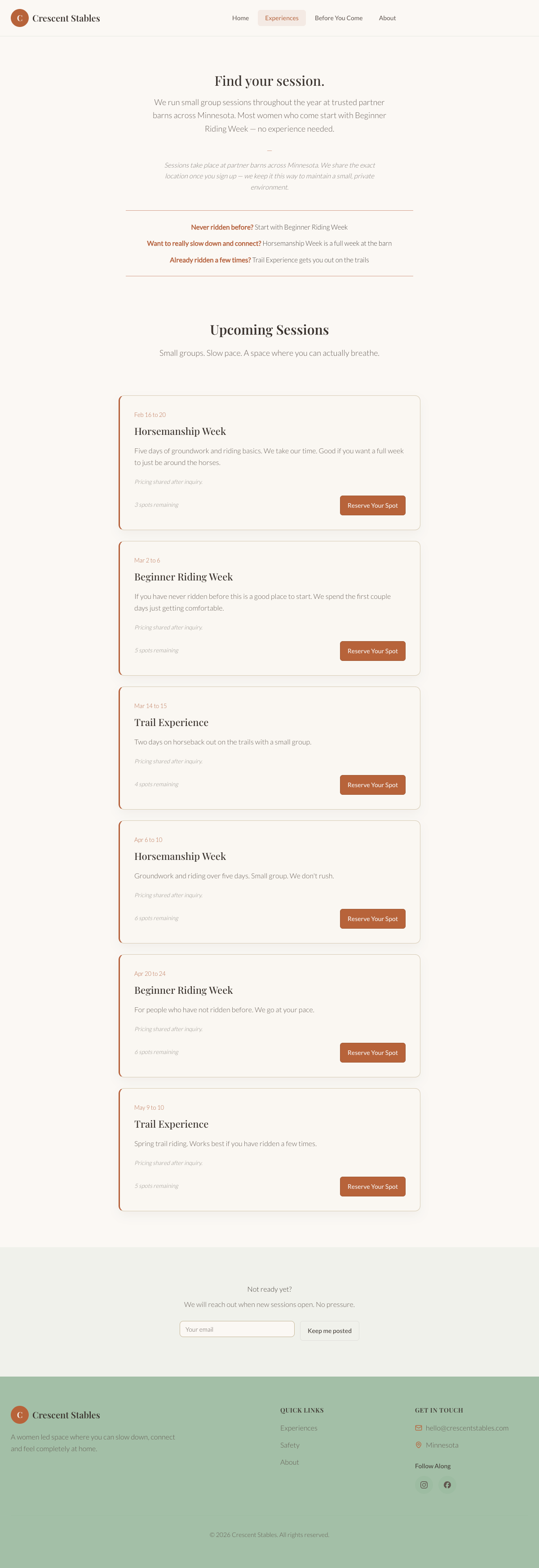 Crescent Stables experiences page with upcoming sessions