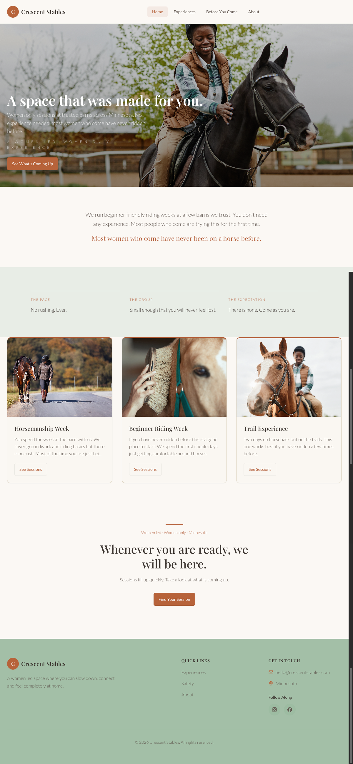 Redesigned Crescent Stables homepage showing a Black woman riding in casual clothes