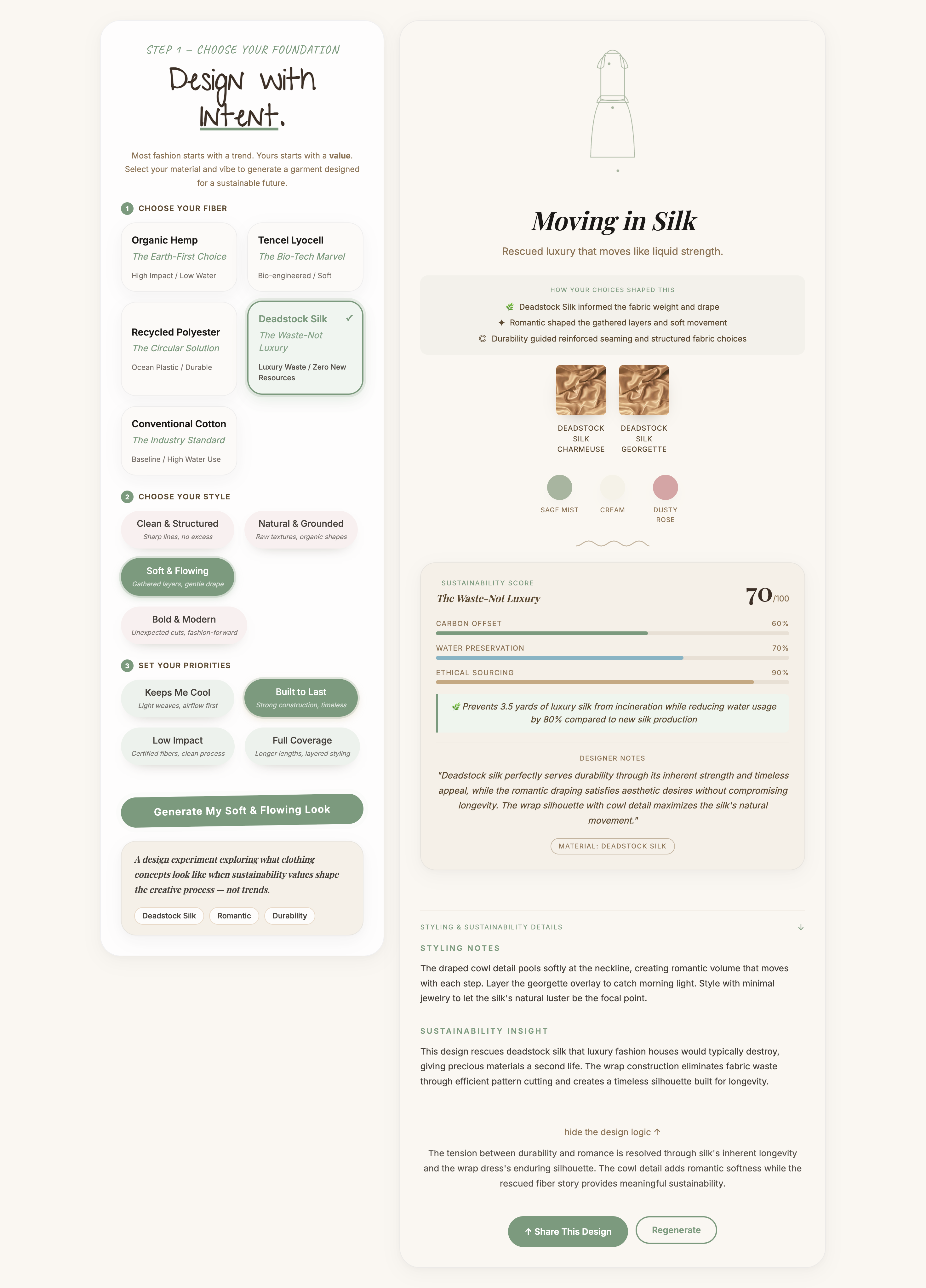Full Sustainable Fashion Generator app interface showing fiber selection and generated outfit