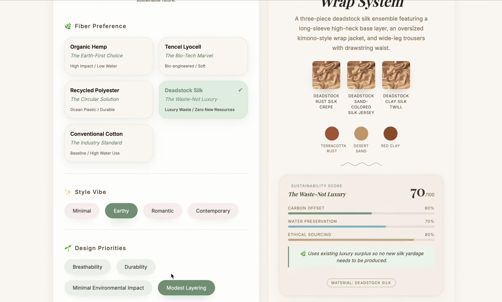 Early version of the Sustainable Fashion Generator — fiber and style selection screen