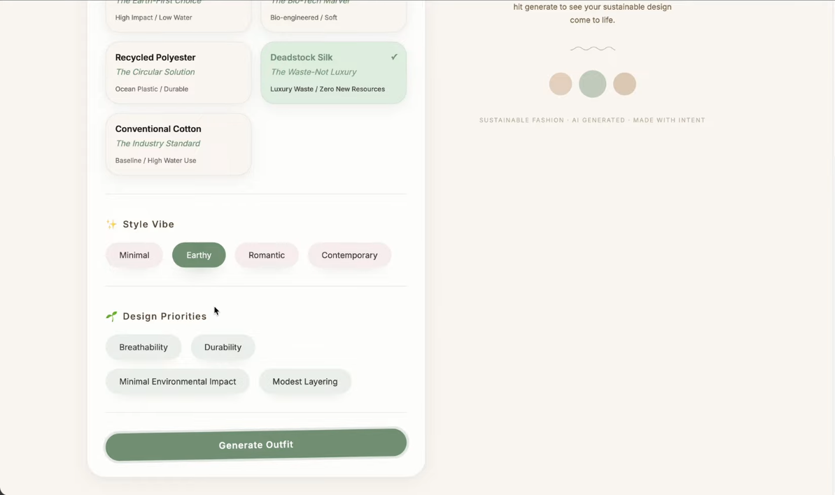 Early version showing design priorities and generate button
