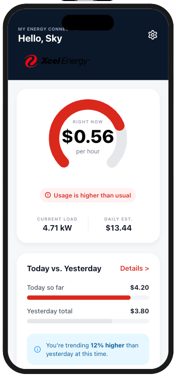 Redesigned dashboard showing cost per hour and today vs yesterday comparison