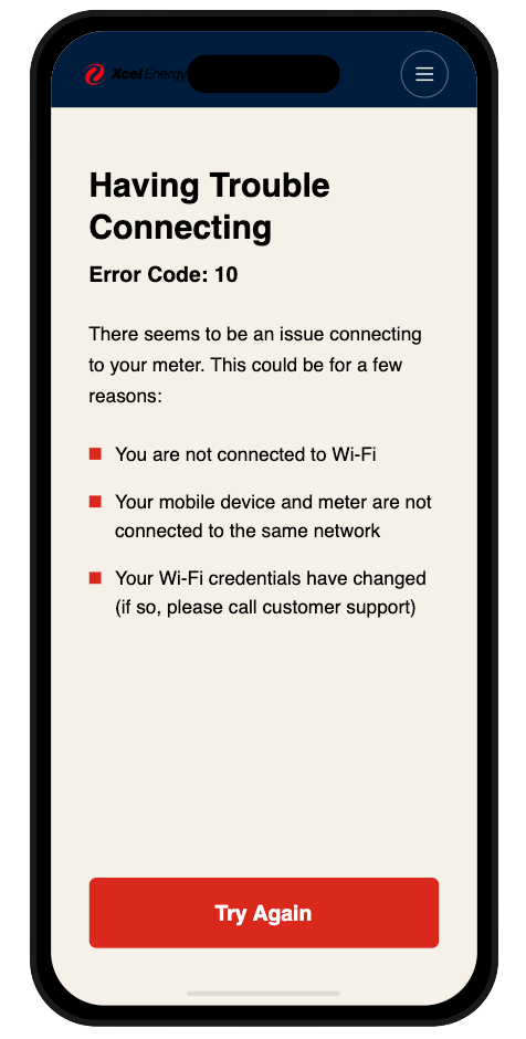 Original connection error screen listing technical causes with a single Try Again button