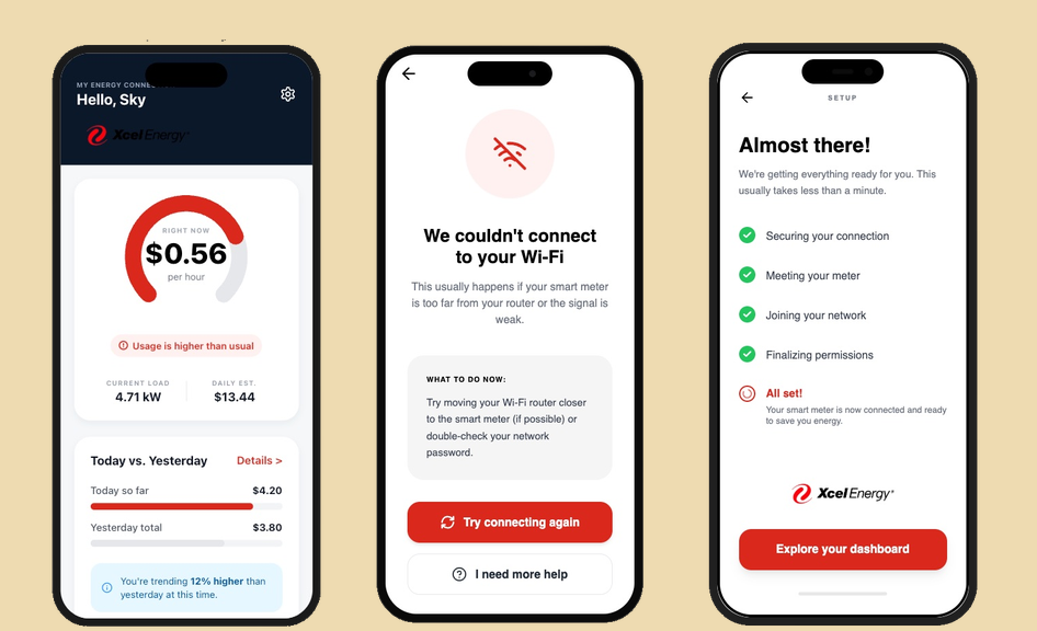 Three screens from the redesigned My Energy Connection app — dashboard, error state, and setup flow